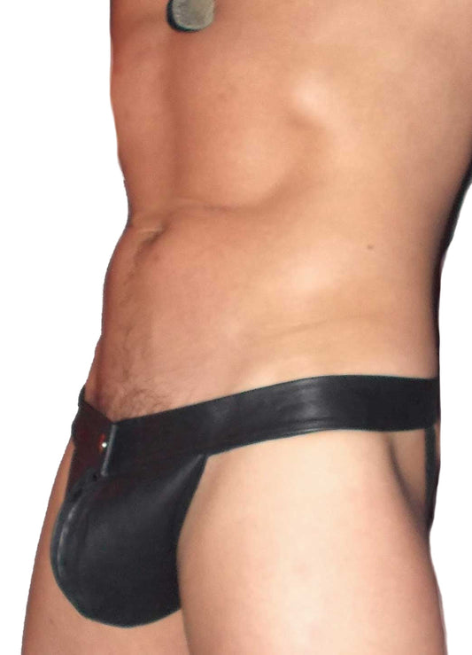 Black thong worn by a person on a white background