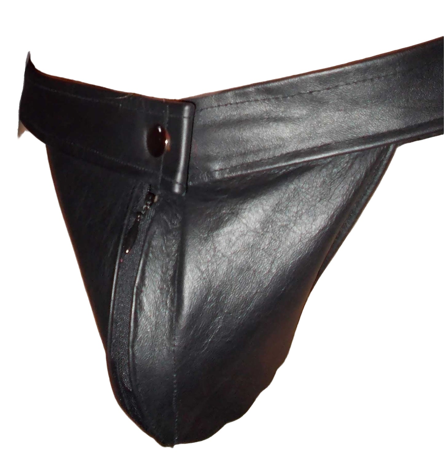Black leather thong on a person against a white background