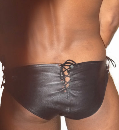 Lace Back Leather Brief with Lace Up Sides