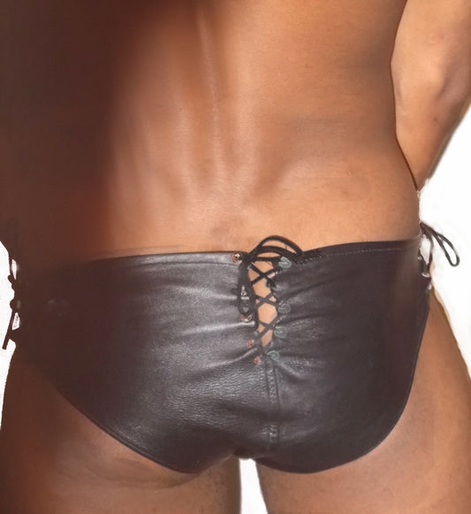 Lace Back Leather Brief with Lace Up Sides
