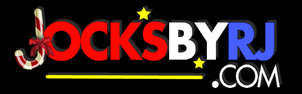 Logo for JocksByRJ.com with colorful text and candy cane design on a black background