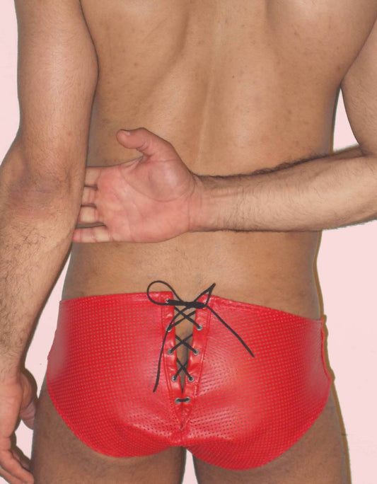 Perforated Leather Brief with Lace Up Back
